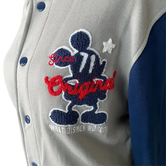 Disney World Mickey Mouse Letterman Varsity Jacket Small Unisex Gray Epcot Patch